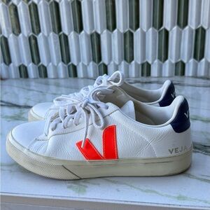 Veja Women's White Sneakers with Orange and Navy Accents
